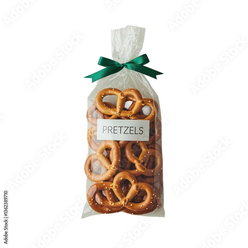 A clear plastic bag filled with delicious pretzels, tied with a green ribbon