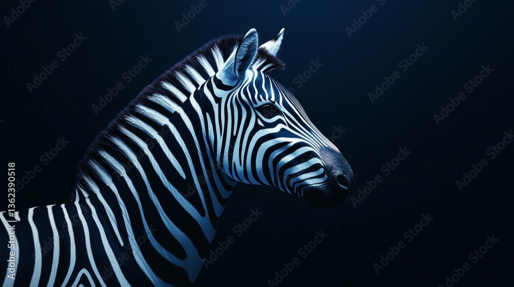 Fototapeta premium Striking Zebra Portrait Blending Animal Grace and Humanoid Form Against a Dark Backdrop