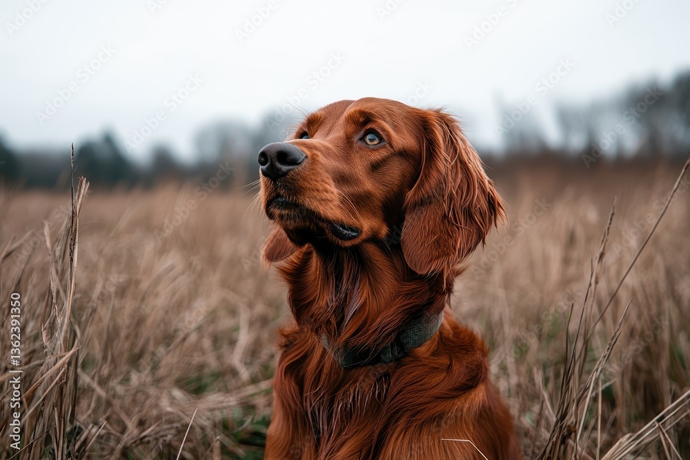 Regal Irish Setter with a shiny red coat in a field
Regal Irish Setter with a shiny red coat in a field