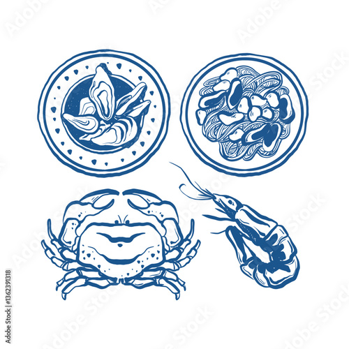 Seafood doodle vector illustration in blue colour. Crab, shrimp, oysters and seafood pasta