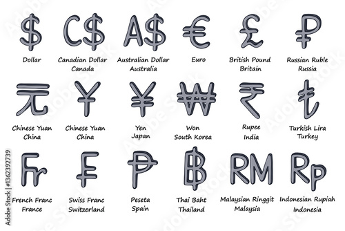 Hand drawn currency symbol set Dollar euro pound ruble yuan yen won rupee lira franc peseta baht ringgit rupiah