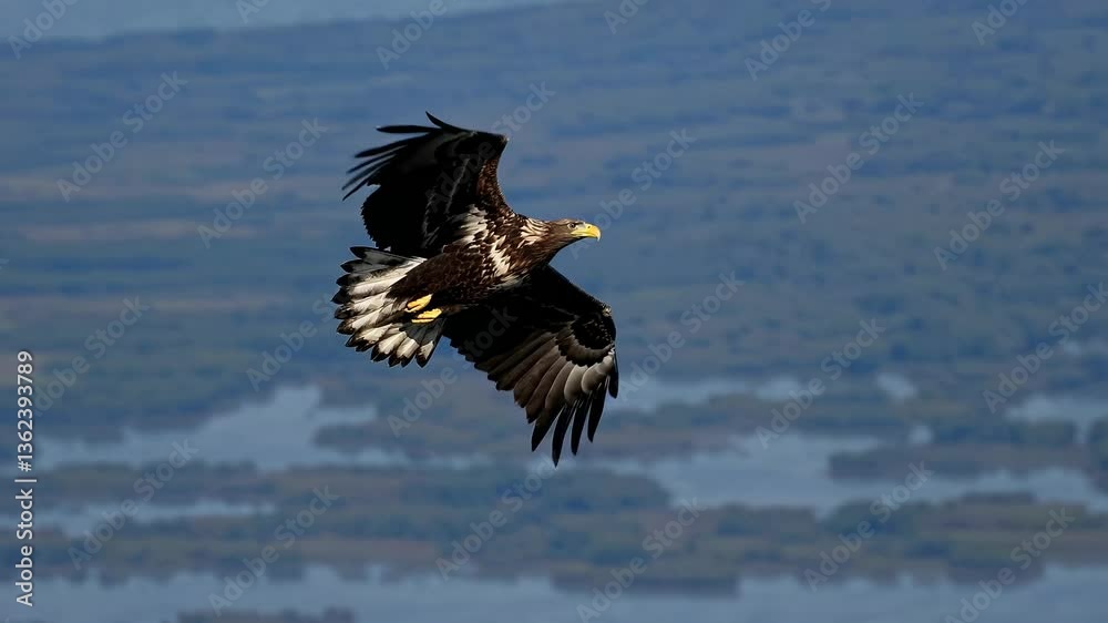 Aerial video shot of an eagle soaring over vast landscapes, capturing its majestic flight from a side angle against a serene blue sky backdrop.