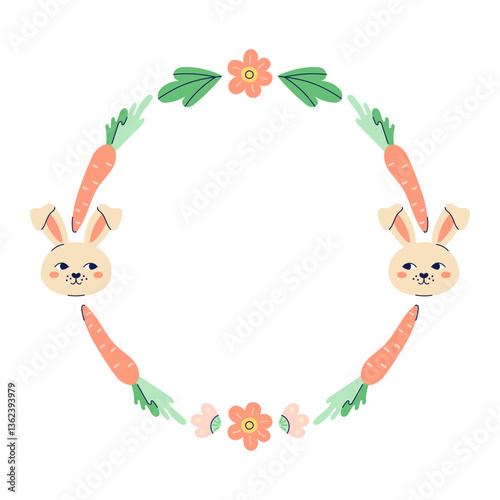 Happy Easter Round frame with hares, carrot and flowers. Happy Easter hand drawn card on white background. Empty space for inscription in the center. Flat illustration with partial outline. Isolated