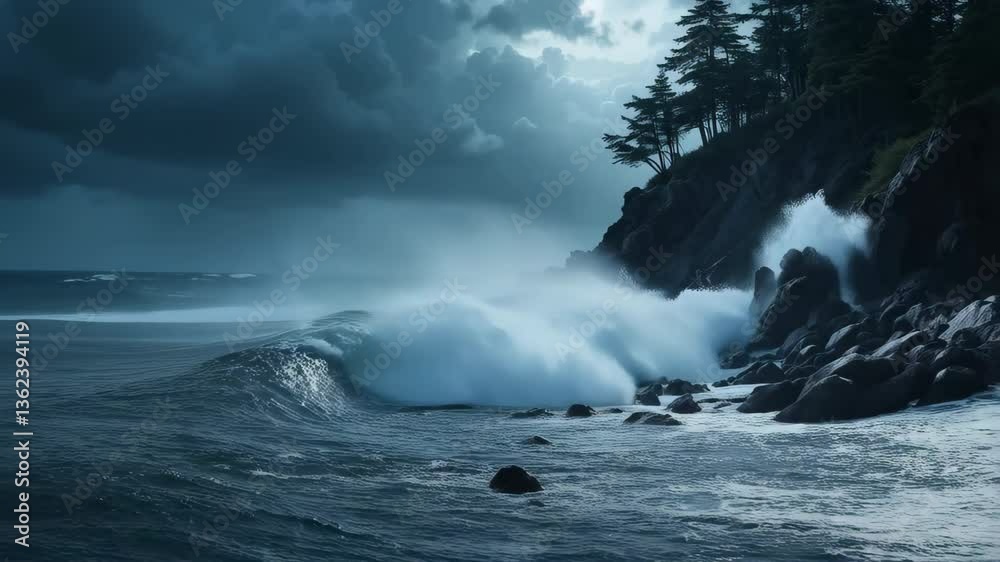 Dramatic Ocean Waves Crashing on Rocky Coastline at Night under a Stormy Sky Dramatic Ocean Waves Crashing on Rocky Coastline at Night under a Stormy Sky