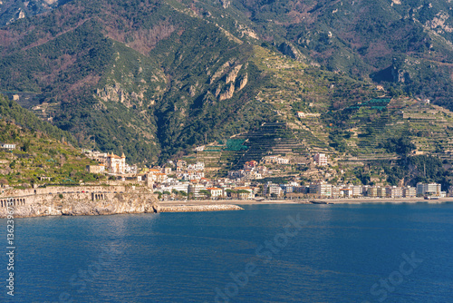 Fototapeta Naklejka Na Ścianę i Meble -  View of the tourist resort and small town of Maiori, a popular tourist resort since Roman times, with the longest uninterrupted stretch of beach on the Amalfi Coast.