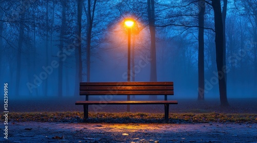Misty park bench at night