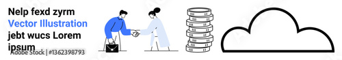 Two people exchanging money near stacked coins and a cloud outline, highlighting digital finance, business transactions, and cloud-based storage. Ideal for finance, data, teamwork, startups