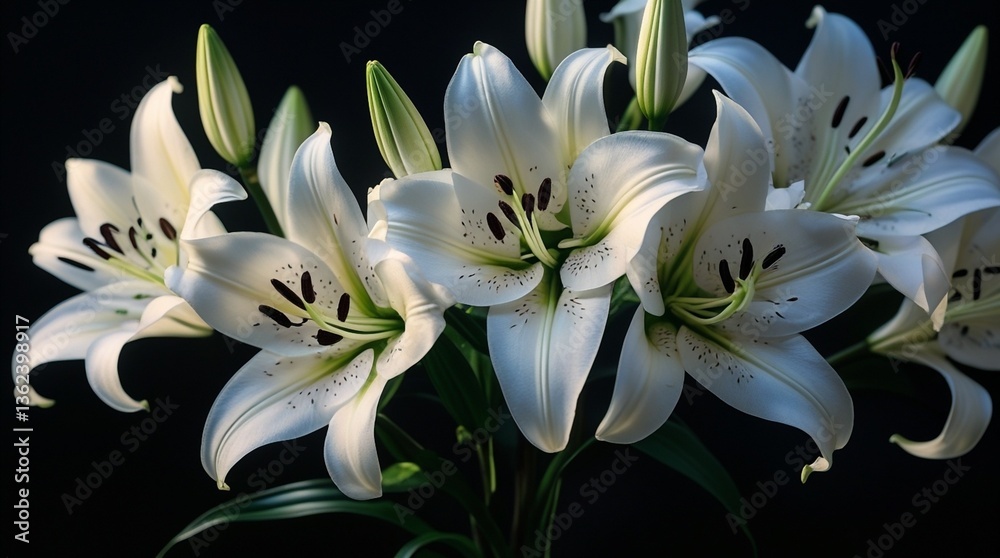 Fototapeta premium The image showcases a stunning composition of white lilies in full bloom, adorned with delicate petals, dark stamens, and fresh green buds, highlighting their natural beauty.