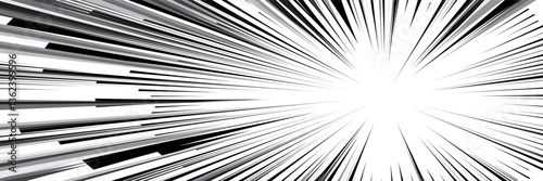 Manga style speed effect with black lines on white bg offset from center to right. Comic book explosion. Anime fast forward. Radial explosion