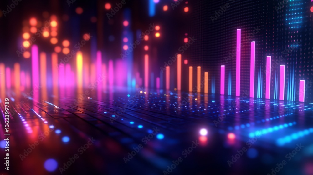 A high-definition 3D equalizer with neon-colored bars floating in space, dynamic movement A high-definition 3D equalizer with neon-colored bars floating in space, dynamic movement