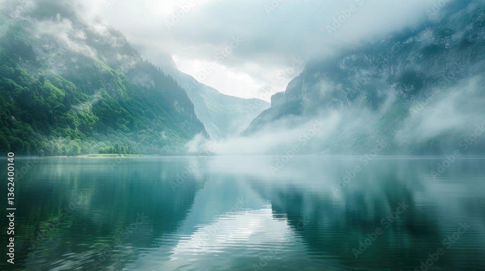 Fototapeta premium A serene lake surrounded by mountains, fog rolling over the water, calm and serene environment 