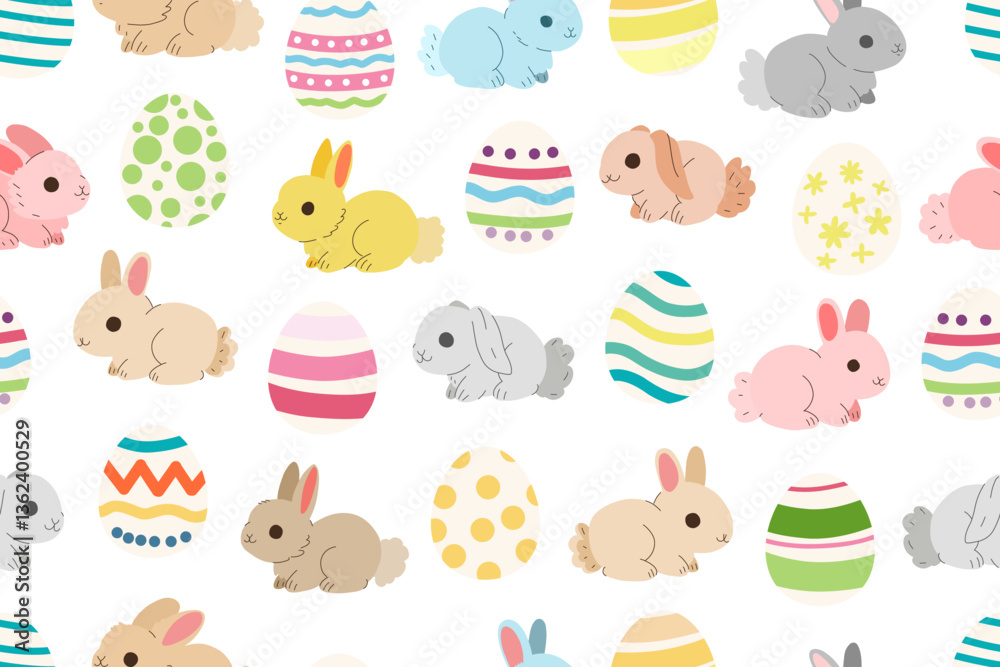 Obraz premium Easter eggs and bunny seamless pattern. Cute painted Easter eggs pattern background. Stock vector holiday illustration on white background.