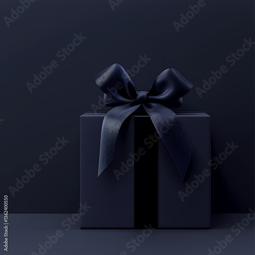 Dark blue gift box with satin ribbon, elegant present on dark background, ideal for luxury product promotion