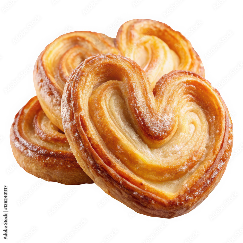 Fototapeta premium Delicious golden-brown heart-shaped pastries, stacked together, showcasing their flaky texture and sugary glaze, perfect for dessert lovers.