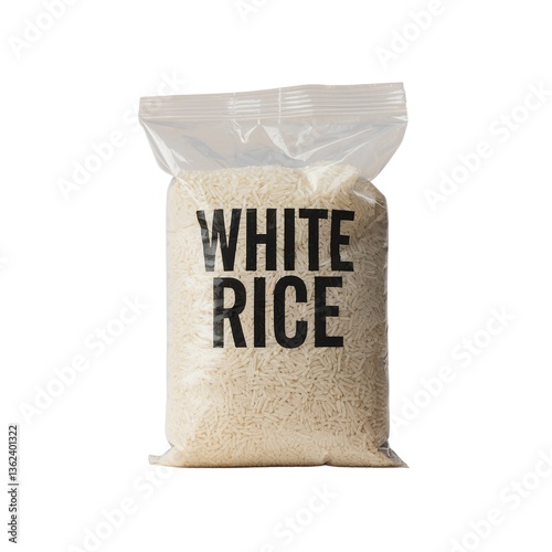 Bag of white rice with bold label on transparent packaging