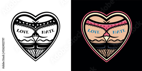 Playful heart with butt in underwear and stockings tattoo style vector illustration. Perfect for edgy, aesthetic, and bold designs with a mix of sensuality, vintage, and modern graphic art