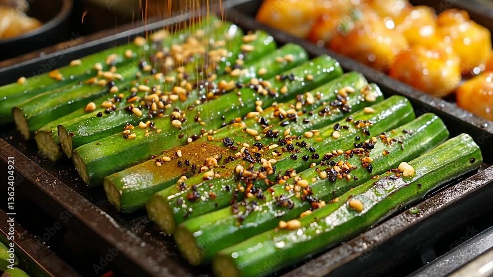 Grilled Green Vegetables with Spices on a Plate at a Food Market Grilled Green Vegetables with Spices on a Plate at a Food Market