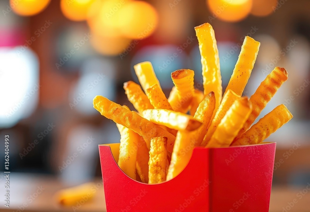 Crispy golden french fries in a vibrant red cardboard box, red box, dinner Crispy golden french fries in a vibrant red cardboard box, red box, dinner