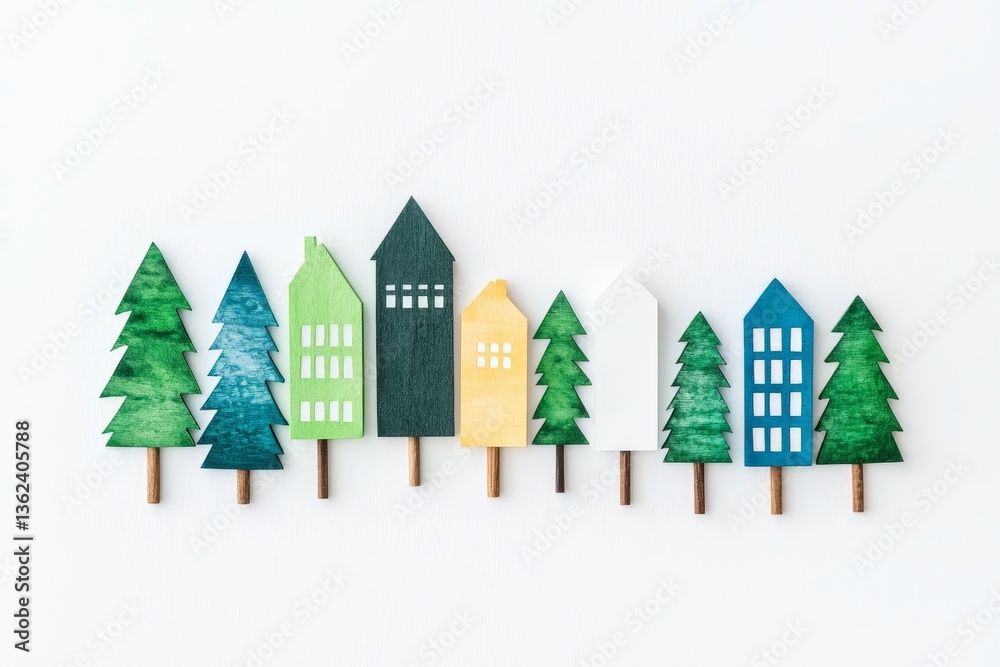 Stylized row of colorful geometric houses surrounded by blue trees on light background representing real estate growth community development and eco architectural landscape design Stylized row of colorful geometric houses surrounded by blue trees on light background representing real estate growth community development and eco architectural landscape design