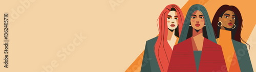 Bright vector template banner illustration. Beautiful women of different skin colors in vintage style stand together. For gender equality holiday, women's day, women's health, women's empowerment