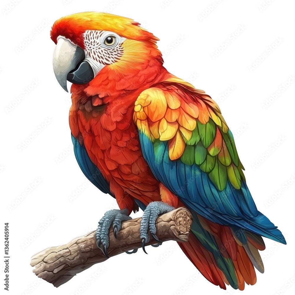 Obraz premium Colorful parrot perched on a tree branch in a natural outdoor setting with vibrant green foliage