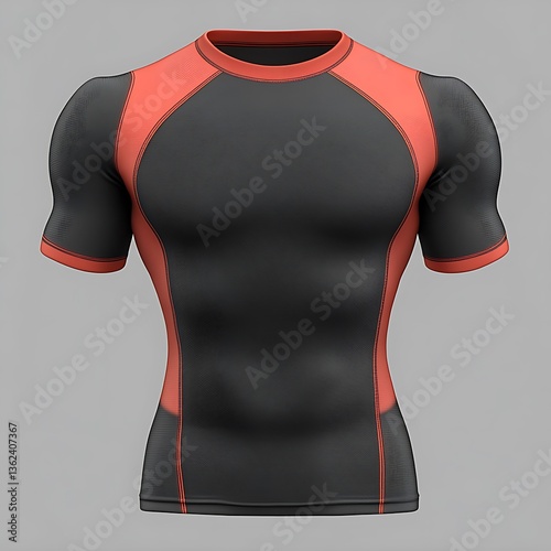 A black and coral colored athletic compression short sleeve shirt
