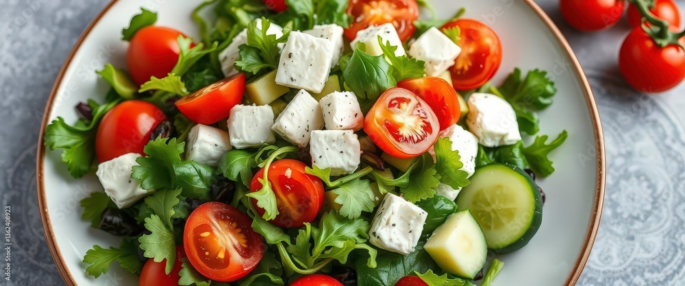 Fresh feta salad with mixed greens, cherry tomatoes, and cucumbers, dinner, healthy Fresh feta salad with mixed greens, cherry tomatoes, and cucumbers, dinner, healthy
