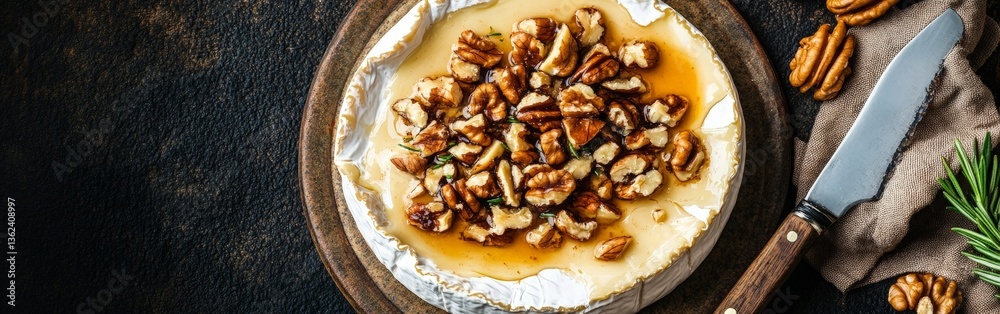 Cheese with Nuts and Herbs on a Dark Background: A Delicious Culinary Display Cheese with Nuts and Herbs on a Dark Background: A Delicious Culinary Display