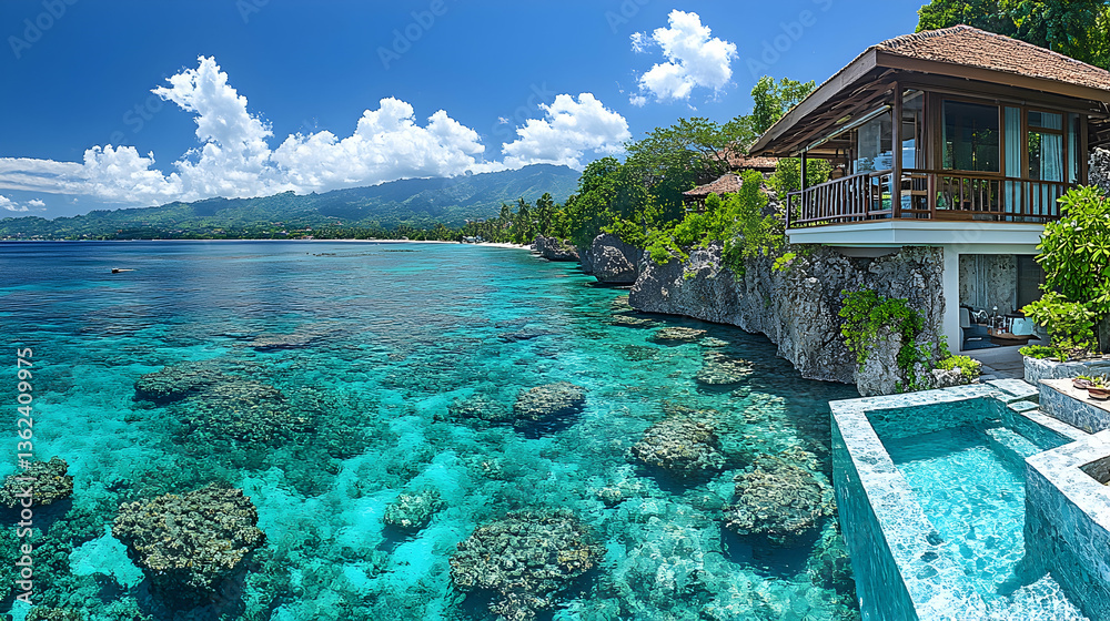 Obraz premium A tranquil tropical scene featuring a house on cliffs over turquoise water with visible coral and a beach line under a b