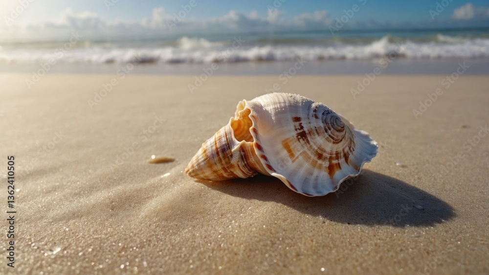 A close-up of a beautiful seashell resting on sandy beach with gentle waves in the background.
