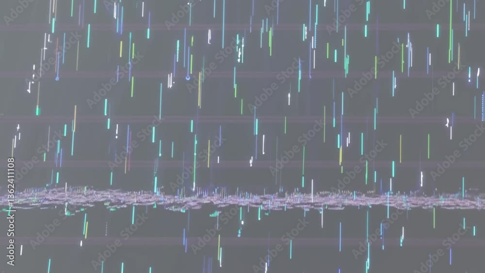 Abstract digital particles falling screen, grey green blue white, representing data stream or tech noise