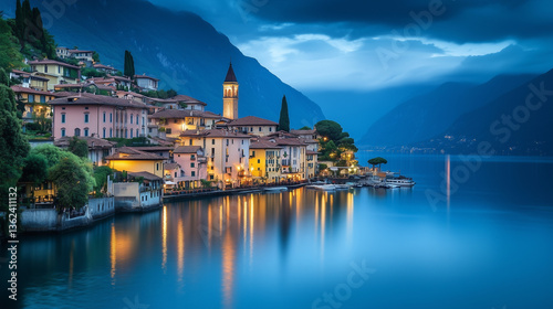 Romantic evening lakeside town among mountains in blue tones