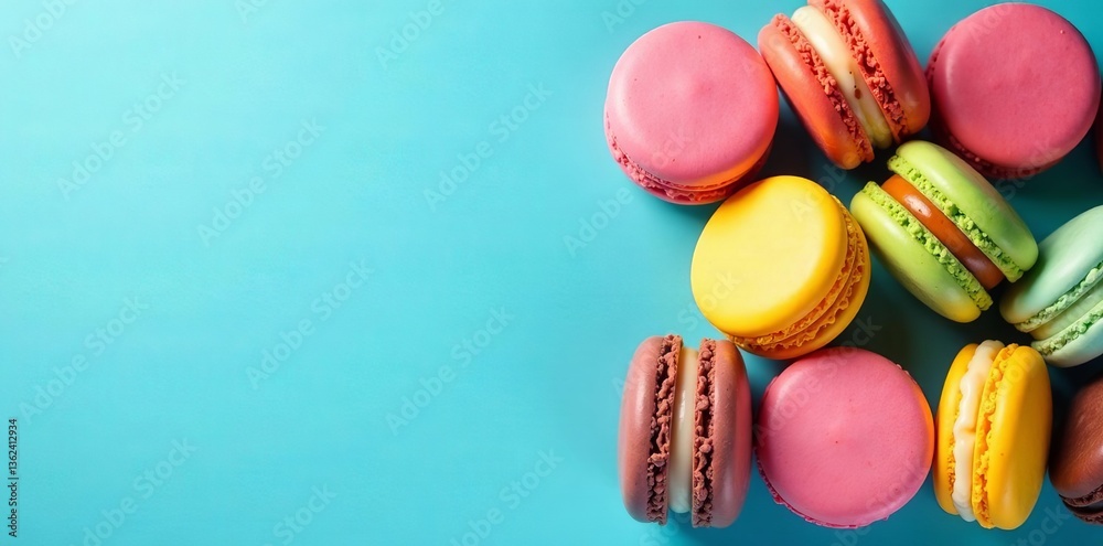 Obraz premium Vibrant macaroons arrangement on blue backdrop, sweet, delicious