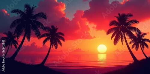 Dark silhouettes of palm trees against a vibrant sunset , background, contrast, graphic