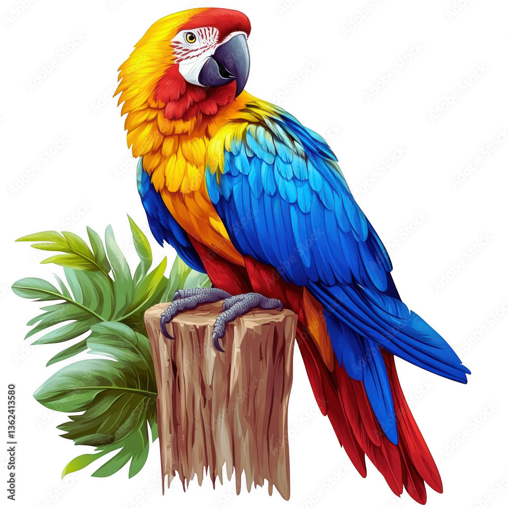 Fototapeta premium Colorful parrot perched on a tree stump in a natural setting with green foliage in the background