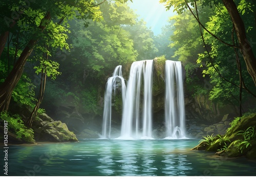 Serene Waterfall Cascading into Emerald Pool Sunlight Dapples Lush Green Canopy. AI Generated