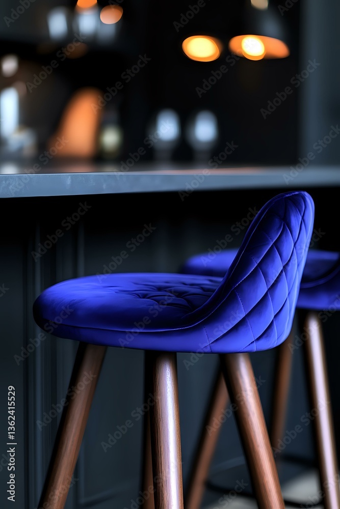 Obraz premium Modern bar stool with quilted royal blue velvet upholstery and wooden legs against dark background with soft bokeh lights creating luxury atmosphere.