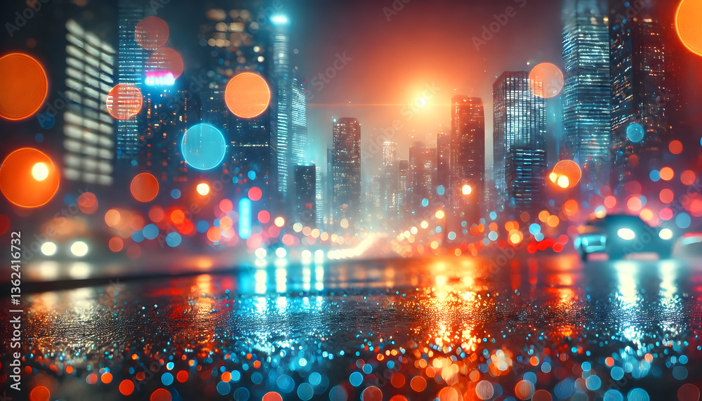 Fototapeta premium 雨に濡れた都市の夜と輝くボケ光