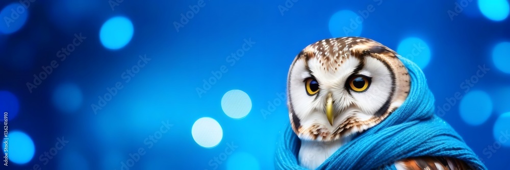 Fototapeta premium Owl Wearing Blue Scarf, Sitting on Bright Blue Bokeh Background