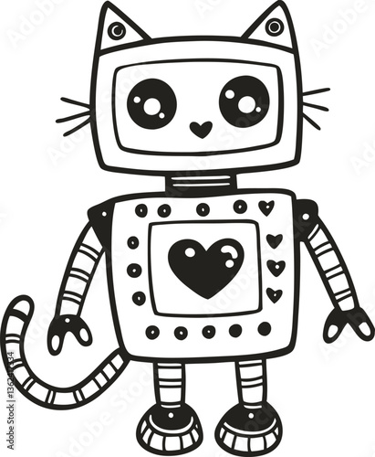 Kawaii robotic cat, cute robot with feline features, black and white doodle