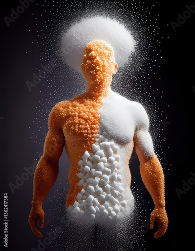 A striking artistic representation of a human figure, half composed of sugar and half of colorful granules, highlighting themes of health and consumption.