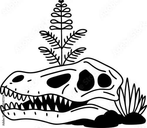 Dinosaur skull buried with ferns and soil prehistoric fossil illustration, ancient paleontology art