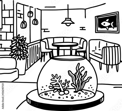 Minimalist living room with fishbowl and modern furniture