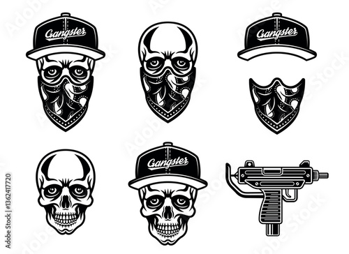 Skull of gangsters in baseball cap and bandana on face set vector objects or design elements isolated on white background