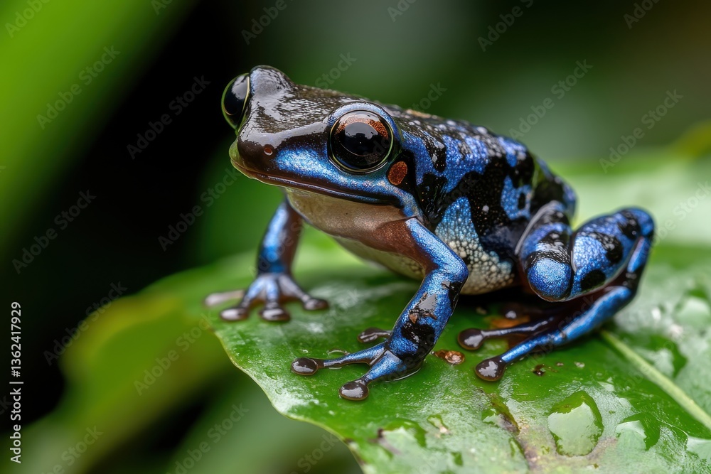 A mesmerizing blue frog resting on a green leaf, showcasing its vibrant colors and intricate patterns while surrounded by a captivating natural environment. A mesmerizing blue frog resting on a green leaf, showcasing its vibrant colors and intricate patterns while surrounded by a captivating natural environment.