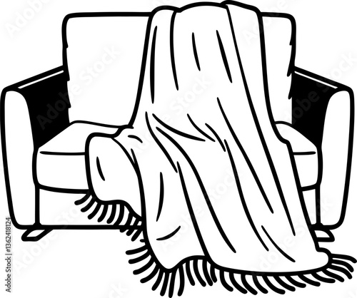 Cozy armchair with draped blanket relaxation and comfort in a minimalist black and white illustration