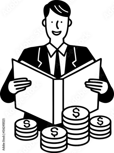 Businessman reading finance book, surrounded by coin stacks wealth, investment knowledge, financial growth