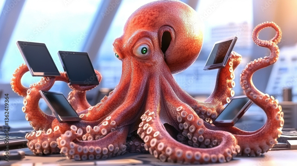 Obraz premium Octopus, technology, CEO, multiple, device, workspace greet viewers enthusiastically from busy desk environment