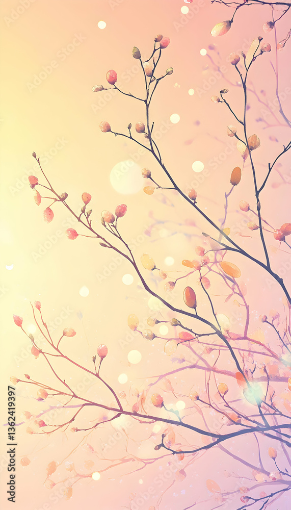 Obraz premium Ultra-wide background of softly lit spring fruit tree branches at sunrise -