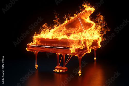 A grand piano engulfed in flames, set against a dark background, creating a dramatic visual